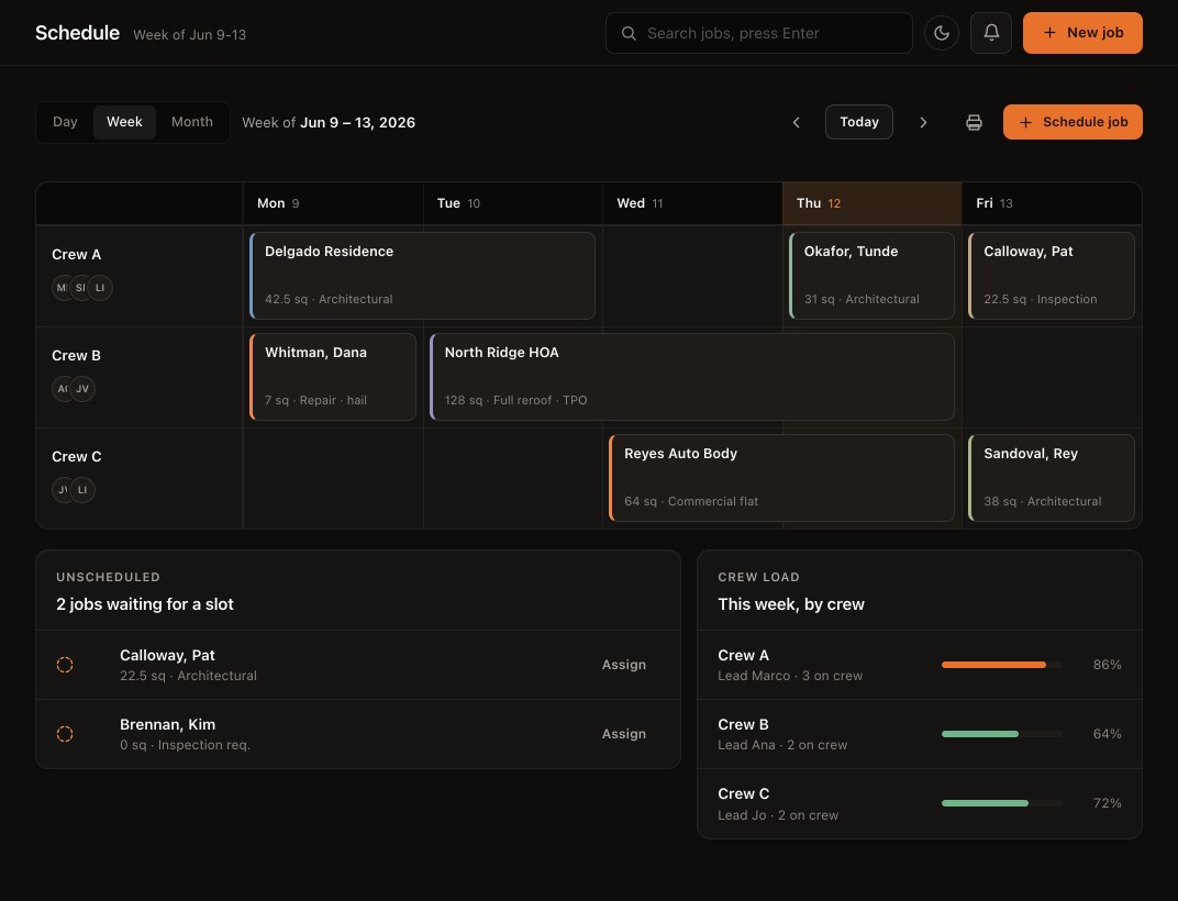 Right crew. Right place. A RoofGrid sample weekly schedule with jobs assigned to crews.