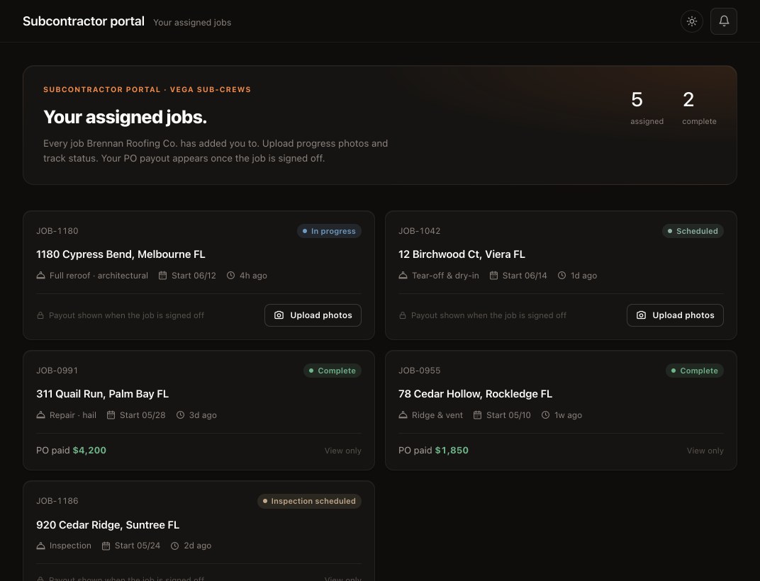 Their jobs. Their view. A sample RoofGrid subcontractor portal with assigned jobs and field details.